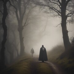 Skeleton man going on an adventure in the foggy hills of Ireland wearing a cape