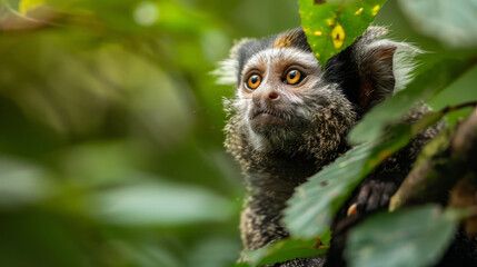 Fototapeta premium Curious marmoset with vibrant eyes, sitting on a tree with a blurred green backdrop.