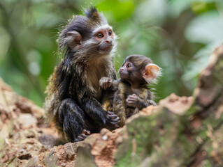 A marmoset mother and her baby sitting next to her in a tender moment amongst trees.