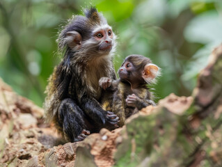 Obraz premium A marmoset mother and her baby sitting next to her in a tender moment amongst trees.