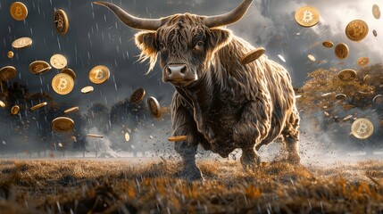 Highland cow horns forward chasing after a cascade of Bitcoins its fur merging with the surreal backdrop - obrazy, fototapety, plakaty
