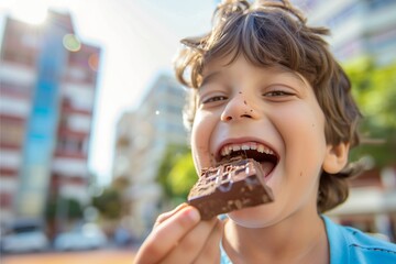 A child and a boy happily eating chocolate showing joy and delight in the city