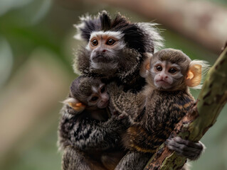 Mother marmoset cuddling her babies in the forest, with a focus on their close bond.