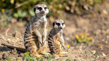 Two meerkats on alert, standing upright on sandy terrain, watching attentively.