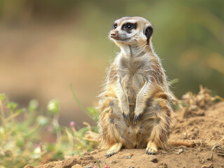 Fototapeta premium Close-up of a single meerkat standing guard, with a soft golden background.