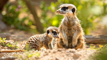 Fototapeta premium A meerkat stands alert on the dirt, watching intently with another blur in the background.