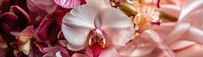 A bridal bouquet composed of white and pink orchids, with hints of Bird of Paradise flowers