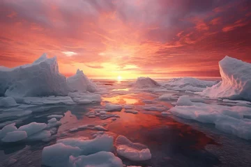 Zelfklevend Fotobehang Ice shelf breaking into the sea at sunset © Dan