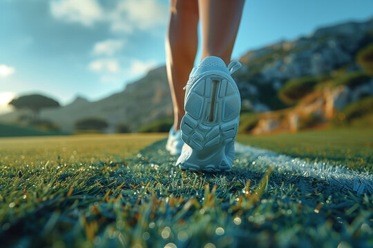 Close-up image of feet running on the grass field