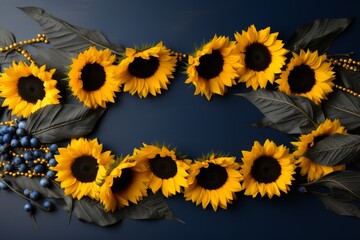 Beautifully arranged sunflowers for ukraines independence day on elegant blue background