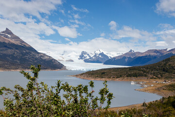 Perito Moreno seen at a distance with mountain landcape background in argentina
