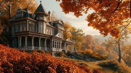 the architectural beauty of a stately Georgian-style house set against a vibrant autumn landscape, radiating classic sophistication - obrazy, fototapety, plakaty