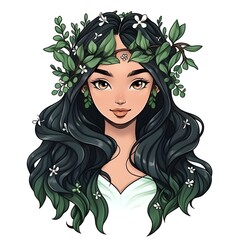Cartoon style avatar portrait of a woman with flowery hair