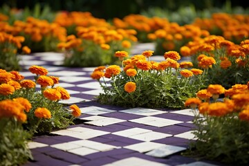 Checkerboard garden squares alternating marigolds and salvia - obrazy, fototapety, plakaty