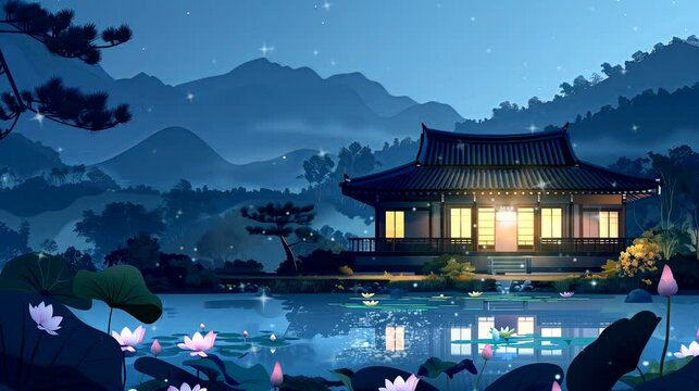 A historic South Korean house nestled in the serene countryside, and mist-shrouded mountains at night. Fantasy landscape anime or cartoon style, looping 4k time-lapse video animation background