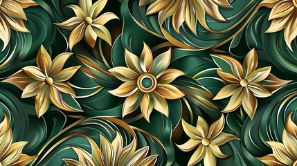 gold and green blooming flower pattern on dark background design. decorative filigree ornament plant