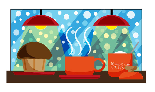 Desayunando en un bar mientras se ve por la ventana que nieva o Vector e ilustraci&oacute;n de desayuno en un hotel durante vacaciones de navidad.