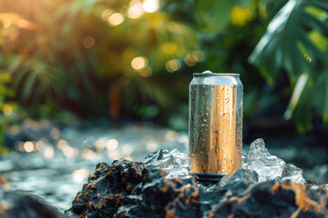 A can of soda rests on a rock amidst the forests natural landscape