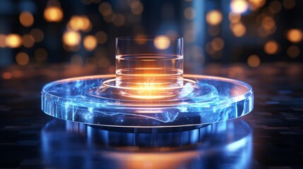 A holographic representation of a glass resting on a futuristic circular tech platform, emitting a warm glow amidst a backdrop of bokeh lights