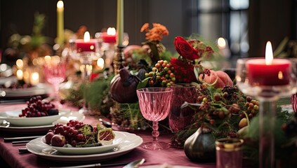 Obraz na płótnie Canvas an elegant christmas table dressed with holiday ornament