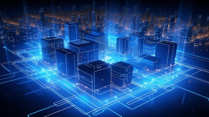 City's digital infrastructure, showcasing interconnected buildings and networks in a dynamic, neon blue matrix.