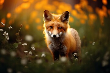 Fototapeta premium Fox prowling in a meadow with a soft focus on nocturnal flowers