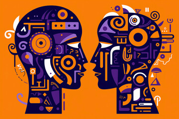 Two faces in profile in orange and purple colors. Concept of creativity, mind and technology exploring the balance and contrast between two people. Reflections of creativity, duality in art.