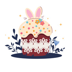 Easter card with bunny and eggs. Easter card with easter cake, eggs and flowers.  Easter elements. Cute Easter illustration. For poster, card, scrapbooking , stickers.