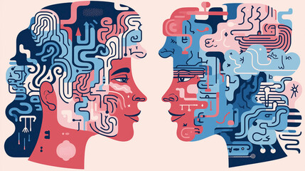 Two faces in profile in pink and blue colors. Concept of creativity, mind and technology exploring the balance and contrast between two people. Harmony in duality, exploring our complexity.