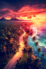 a road winding between mountains and a tranquil sea beach at sunset.