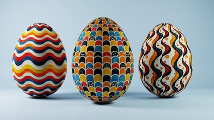 3D minimalist Easter egg design featuring a retro wave pattern, blending modern aesthetics with classic holiday charm.