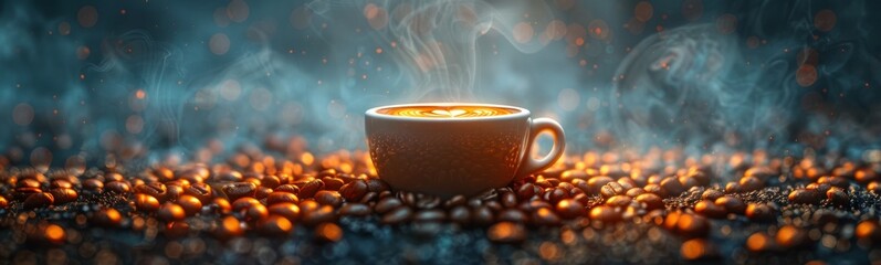 a cup of coffee sitting in the middle of coffee beans, in the style of realistic still lifes with dramatic lighting, smokey background, photo-realistic - obrazy, fototapety, plakaty