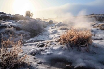 Frosted vegetation near a steaming geothermal vent in winter