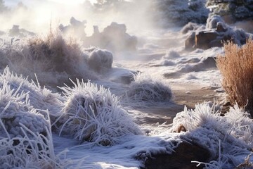 Frosted vegetation near a steaming geothermal vent in winter