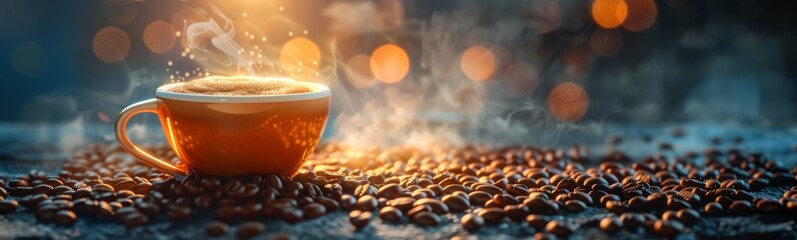 a cup of coffee sitting in the middle of coffee beans, in the style of realistic still lifes with dramatic lighting, smokey background, photo-realistic - obrazy, fototapety, plakaty