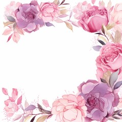 A border of watercolor flowers in shades of pink and purple, including roses, peonies