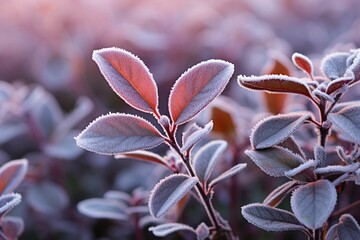 Fototapeta na wymiar Frost-kissed blueberry shrub leaves at dawn