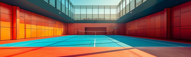 An indoor tennis court with blue court surface and orange walls - obrazy, fototapety, plakaty