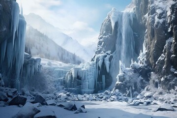Frozen waterfall cascading over jagged mountain cliffs