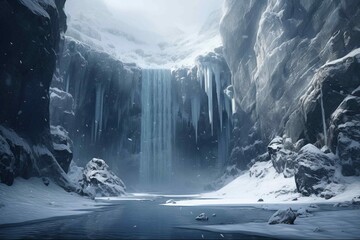 Frozen waterfall cascading over jagged mountain cliffs