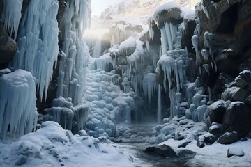 Frozen waterfall with icicles resembling organ pipes - obrazy, fototapety, plakaty