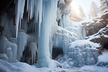 Frozen waterfall with icicles resembling organ pipes