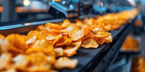 Potato chips with an efficient assembly line packaging. Generative Ai - obrazy, fototapety, plakaty