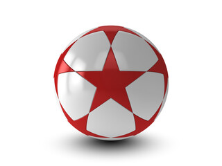 Soccer ball with red five pointed stars on white background