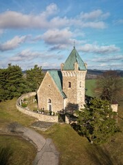 Old stone church, view from above, Czech -Moravian Highlands, Czech Republic