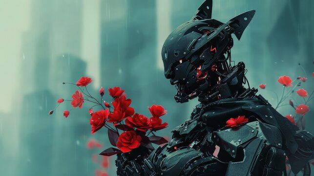 Sharp edged Gargoyle robot in black red flowers in grip set against the blur of a cybernetic warzone