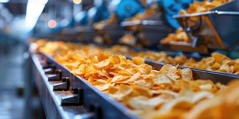 Potato chips with an efficient assembly line packaging. Generative Ai - obrazy, fototapety, plakaty