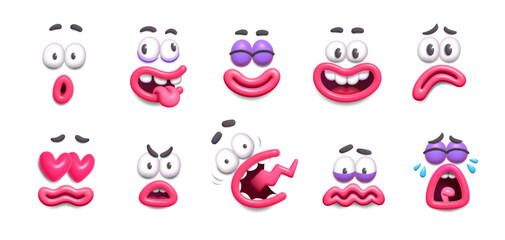 3d cartoon faces with funny emotions for mascot. Vector set of different facial expression of stop motion animation clay character. Smile, surprise, joy, crazy, love, sad and laughter
