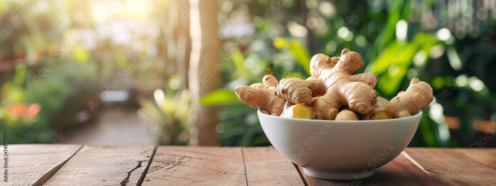 Wall mural white bowl with ginger on wooden background