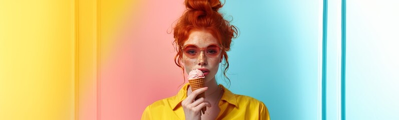 portrait of a strong and feminine red head young woman, early 30s, freckle, licking a huge ice cream cone - obrazy, fototapety, plakaty